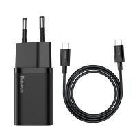 Зарядний пристрій з кабелем Baseus Super Si Quick Charger 1C 25W EU Sets Black（With Mini White Cable C to C 3A 1m Black）